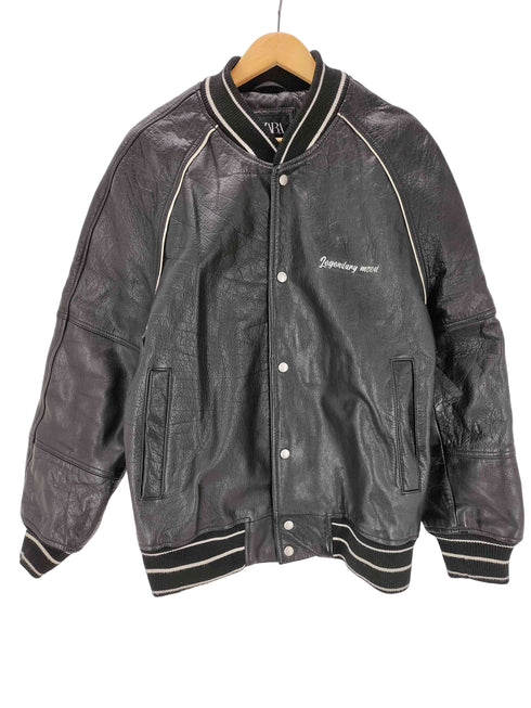 ザラ ZARA Leather biker jacket カウレザー バック 刺繍 スタジアム ジャケット スタジャン メンズ import:S